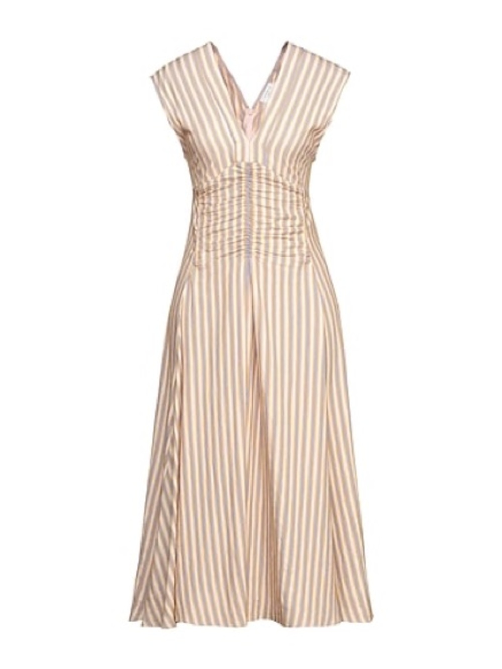 Sandro Paris dress yellow, beige and blue vertical line and sleeveless strap.